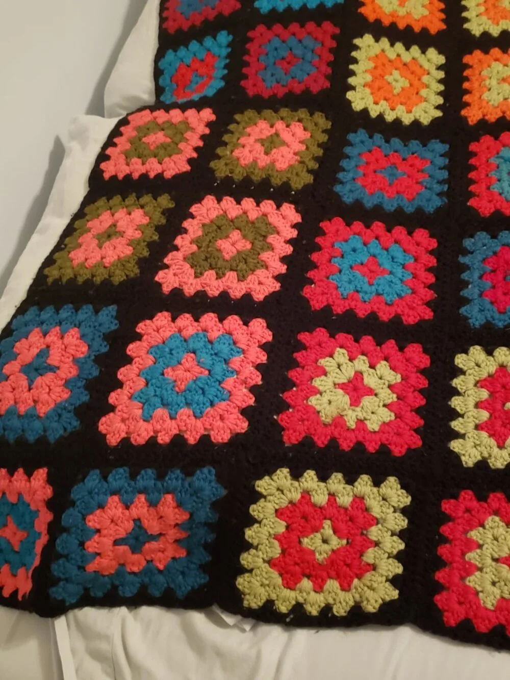 Vintage Granny Square Afghan Black Rainbow Crochet Blanket 56x90 Handmade Throw